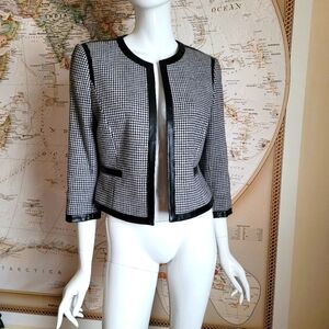Gianni Bini houndstooth black white lady jacket black faux leather trim office 8
